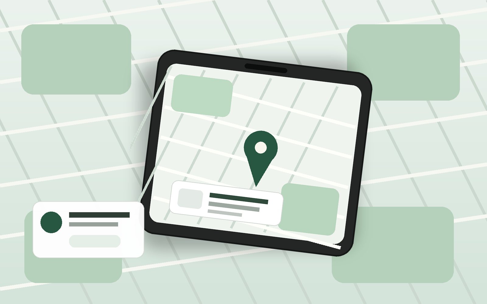 Illustration of a phone with a map pin and business website card