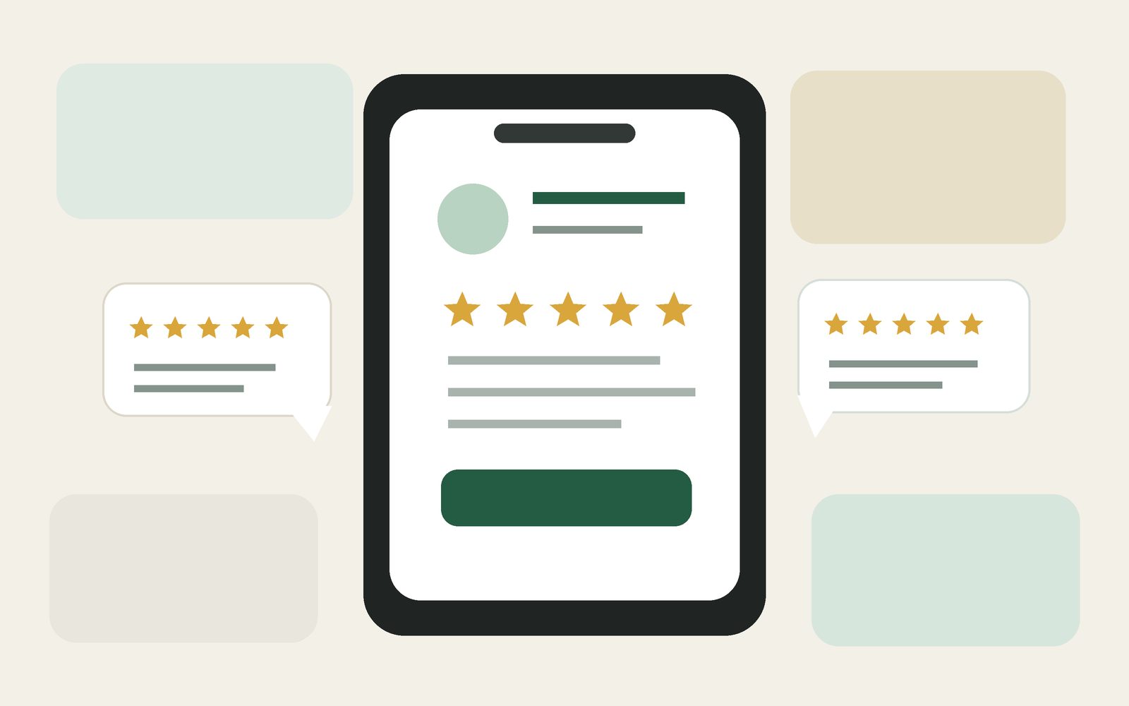 Illustration of a phone displaying customer review stars and review cards
