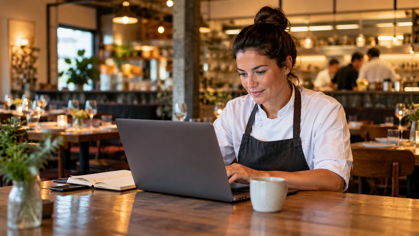 Restaurant owner working on a laptop inside a warm restaurant dining room
