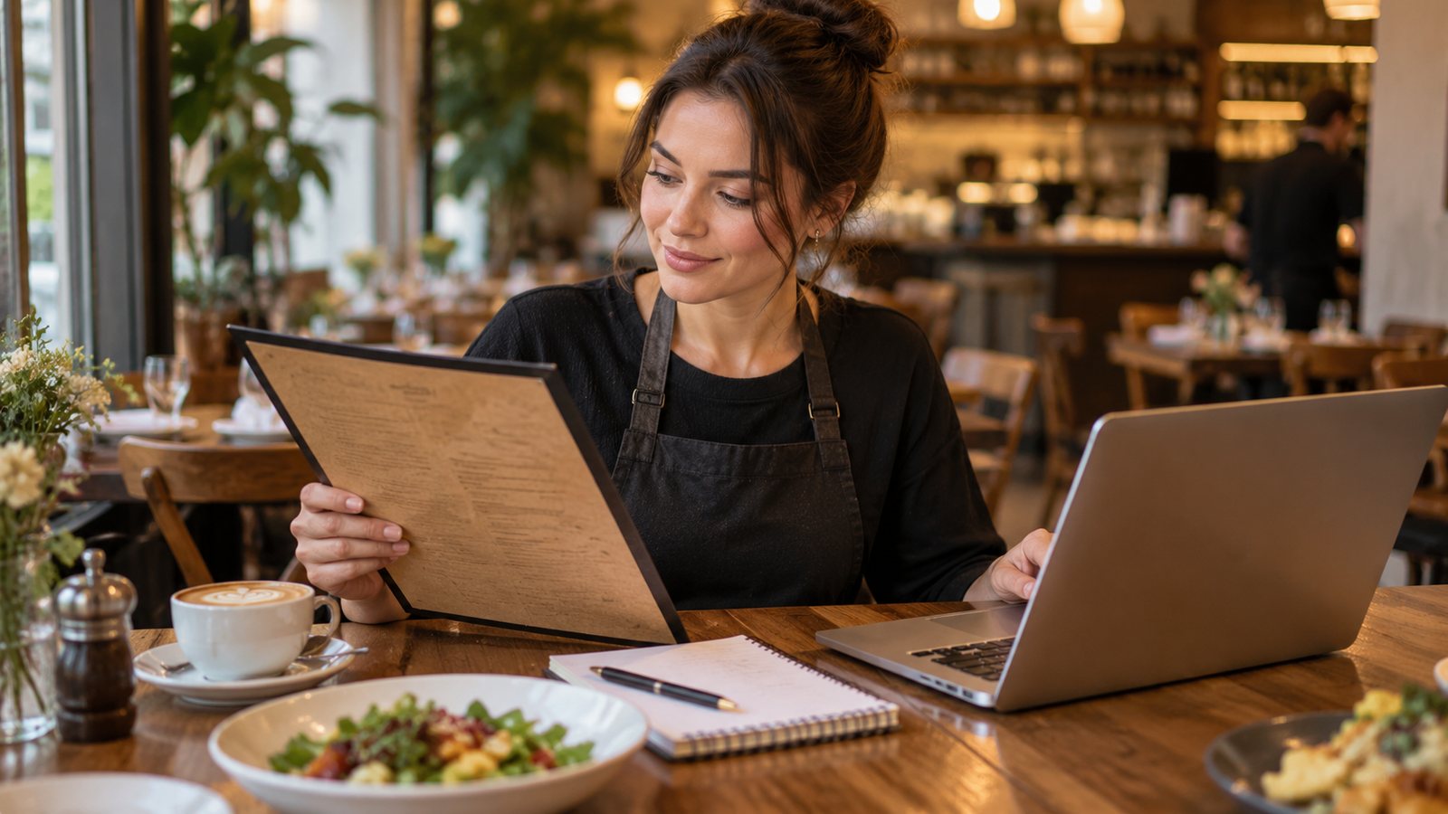 Restaurant manager reviewing a menu next to a laptop in a restaurant