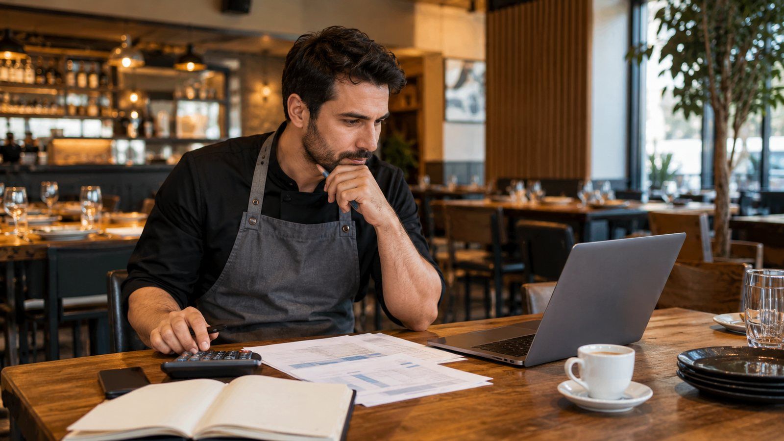 Restaurant owner reviewing costs on a laptop with papers and a calculator