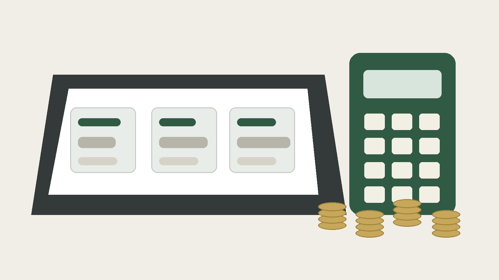 Illustration of a laptop with pricing cards, calculator, and coins